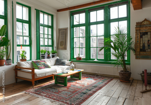 an interior design in Amsterdam, bright living room with wood floor and green window frames, sofa, coffee table on the left side, small fireplace on right side, carpet with boho pattern on ground