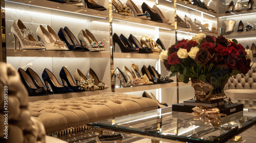 A shoe store with a display of shoes and a vase of red roses