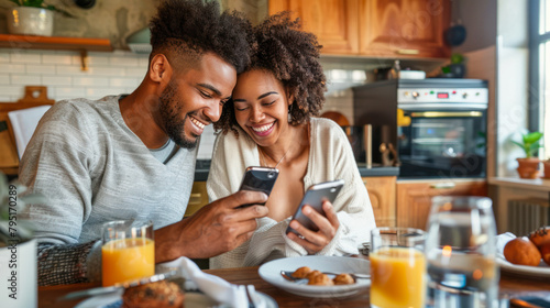 Millennial afro-american Man And Woman Having Breakfast And Using Smartphone In Kitchen, Happy Couple Browsing Internet On Mobile Phone While Eating Tasty Food At Home Together. Food delivery app