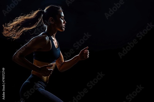 A strong woman running on black background wearing in the sportswear, fitness and sport motivation, Runner concept with copy space