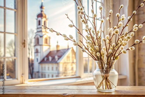 Palm Sunday. A close-up of a willow bouquet in a glass vase against the background of an ancient white window with a view of the golden domes of the temple and the setting sun.