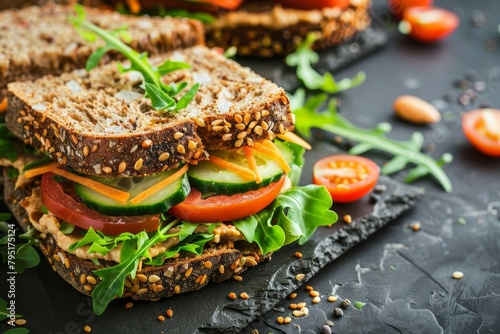 Healthy hummus vegetable sandwich on whole-grain bread, ideal for a nutritious meal or snack