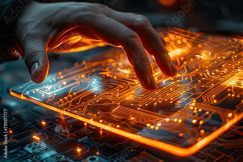 A hand is touching a glowing circuit board. Concept of curiosity and wonder as the viewer imagines the intricate workings of the electronic device