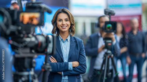 Confident female reporter stands ready in front of a camera crew, preparing to broadcast with a smile.