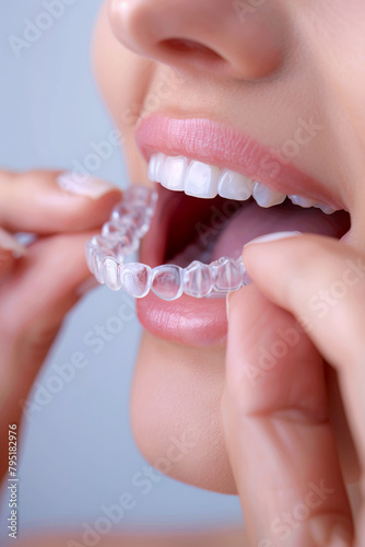 vertical close up image of Close-Up of Woman Fitting transparent Orthodontic alignment for Teeth Correction