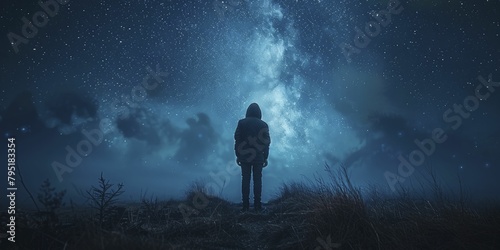Captivated by the cosmos, a solitary figure gazes at the stars, yearning for an otherworldly encounter beneath the dark night sky.