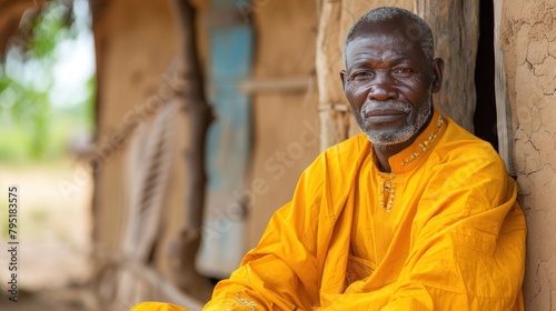 A portrait of an elderly African man sitting in front of a traditional mud-brick house. He wears a vibrant yellow robe, and has a contemplative expression on his face - AI Generated Digital Art
