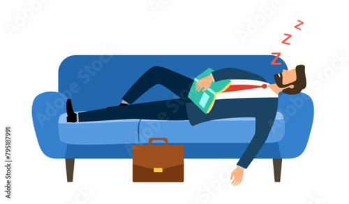Tired exhausted businessman sleeping on sofa after work in flat design.
