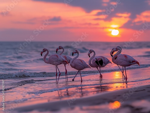 A group of flamingos are walking on the beach at sunset. The sky is a beautiful mix of pink and orange hues, creating a serene and peaceful atmosphere. The flamingos are scattered along the shoreline