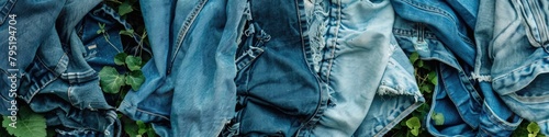 creative mix of denim textures, with shades ranging from light to dark blue, symbolizing the versatility and life cycle of biodegradable denim.