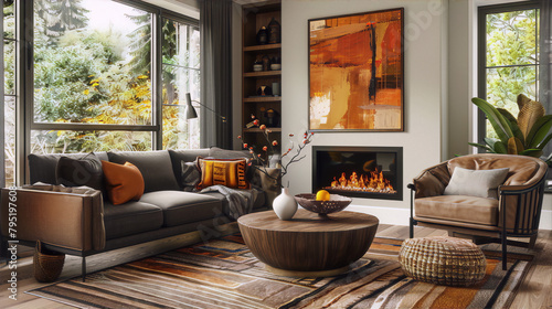 Modern living room interior with large windows, fireplace, coffee table, sofa, armchair, rug, plants and abstract painting in warm colors conveying coziness and comfort
