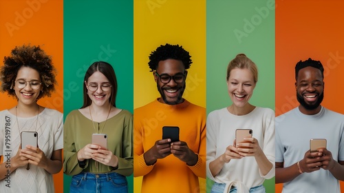 Diverse group of smiling young adults using smartphones against colorful backgrounds. Modern connectivity, social media trend. AI