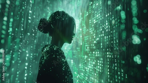 A woman standing in front of a green binary code background.