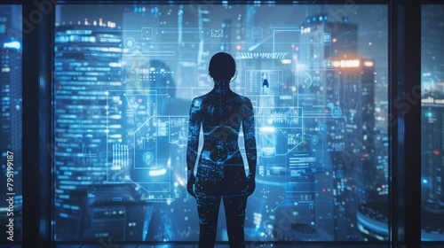 A woman standing in front of a window looking at a futuristic city.