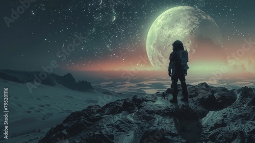 An astronaut stands on a rocky moonlit landscape and gazes at a large moon.