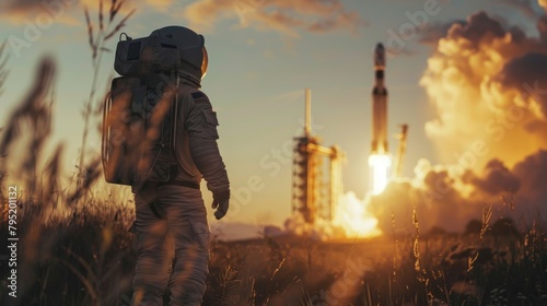 An astronaut watching a rocket launch at sunset
