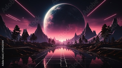 Synthwave-style landscape backdrop for banner, retrowave, synthwave, cyberpunk style