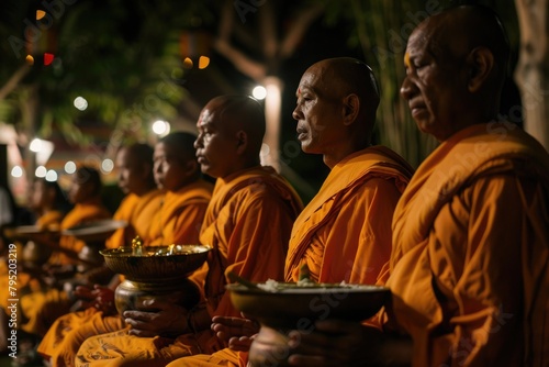 monks wearing orange clothes chanting on Vesak day