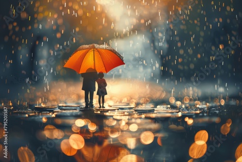 Two People Sharing an Orange Umbrella in a Rainy, Twilight Setting
