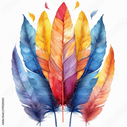 A watercolor painting of feathers in various colors.
