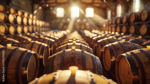 A wine cellar filled with rows of oak barrels.