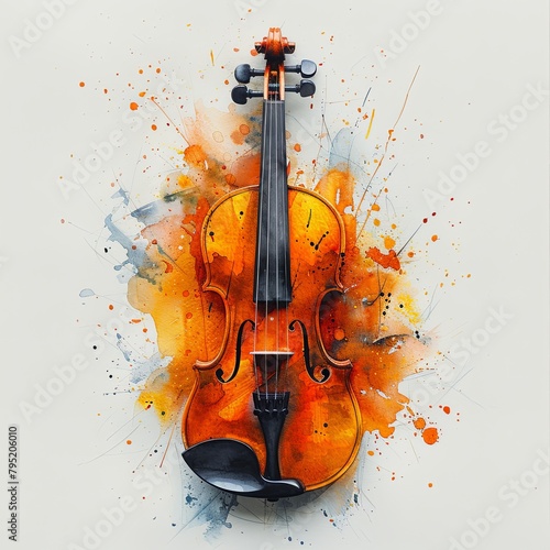 A watercolor painting of a violin with vibrant orange splashes.