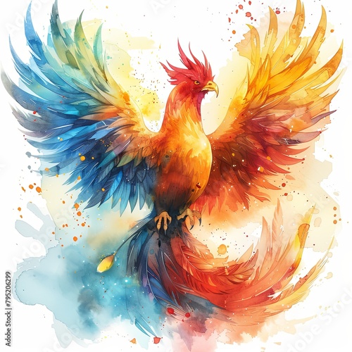 A watercolor painting of a phoenix rising from the ashes with a blue and yellow background.