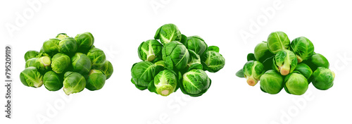 Three piles of green broccoli are piled on top of each other Set of png elements.