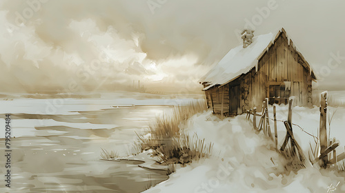 A snowy scene in Siberia, Russia, with a traditional wooden house surrounded by deep snow, a frozen river nearby, and a clear, cold sky, evoking a sense of isolation and tranquility. - (2)