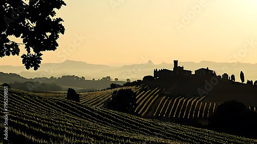 A sweeping view of the Tuscan hills during sunset, with rolling hills, vineyards, and scattered farmhouses illuminated by the golden sunlight, creating a warm and inviting atmosphere. - (1)