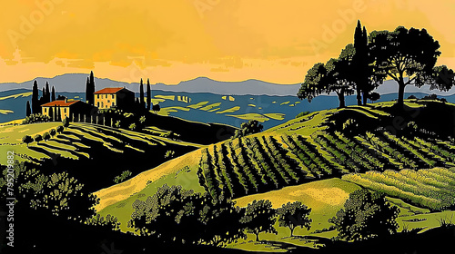 A sweeping view of the Tuscan hills during sunset, with rolling hills, vineyards, and scattered farmhouses illuminated by the golden sunlight, creating a warm and inviting atmosphere. - (2)