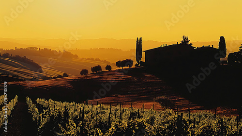 A sweeping view of the Tuscan hills during sunset, with rolling hills, vineyards, and scattered farmhouses illuminated by the golden sunlight, creating a warm and inviting atmosphere. -