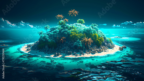 A vibrant coral atoll in the South Pacific, seen from above, with shades of blue and green waters surrounding the lush, tropical island, ideal for adventure and exploration. - (1)