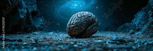A brain is sitting on a rocky surface in the dark