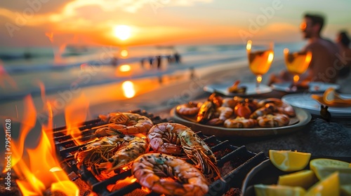 Beachside Barbecue Bliss: Friends Gather Around a Seafood Grill at Sunset