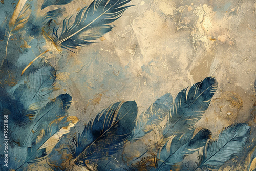 A print of a vintage illustration featuring feather motifs, executed with oil on canvas, incorporating blue and gold brushstrokes and a textured background.