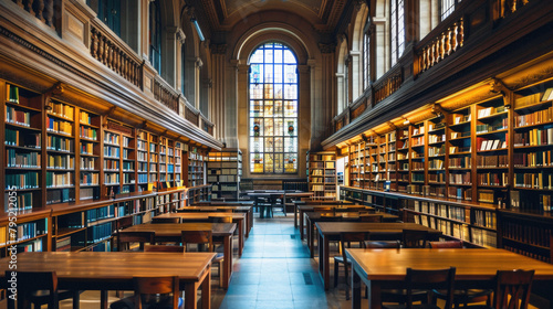 A large library with many bookshelves and tables