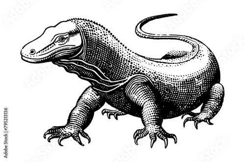 komodo dragon engraving black and white outline
