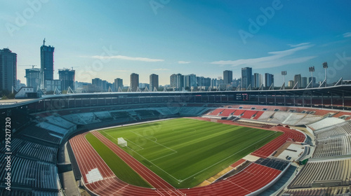 A large stadium with a city in the background