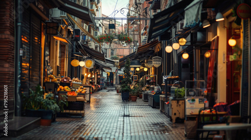 A narrow street with a lot of shops and people walking around