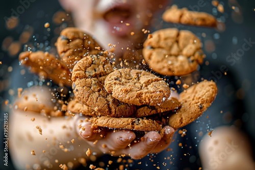 Captivating image of cookies being crushed by hands, with crumbs showering like confetti, evoking satisfaction