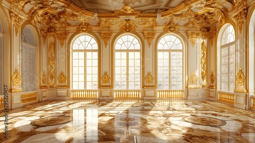 Magnificent Neoclassical Ballroom with Ornate Baroque and Rococo Architectural Details in a Lavish Golden Palace Setting