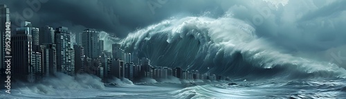 Powerful Tidal Wave Looms Over Coastal City,Invoking Awe and Respect for Ocean's Might