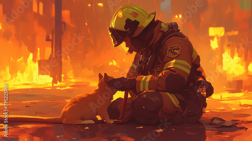A firefighter rescuing a cat from a tree, with the cat gently nestled in their arms, the scene takes place in a suburban neighborhood, creating a heartwarming and heroic atmosphere
