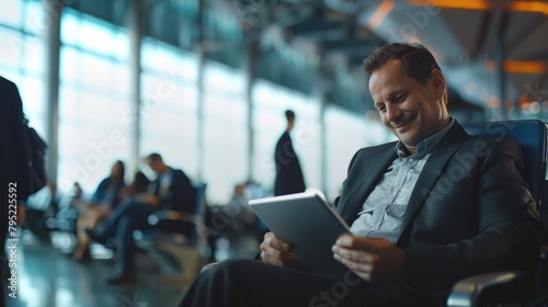 Businessman using digital tablet computer for electronic business, surfing the internet with an app used by a travel agency, running online Sit in the passenger lounge