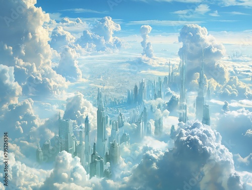 A cityscape is shown in the sky with a lot of clouds. The city is made up of tall buildings and has a futuristic feel to it. The sky is mostly blue with some white clouds scattered throughout