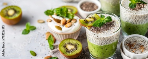 Chia seed pudding with kiwi and mint