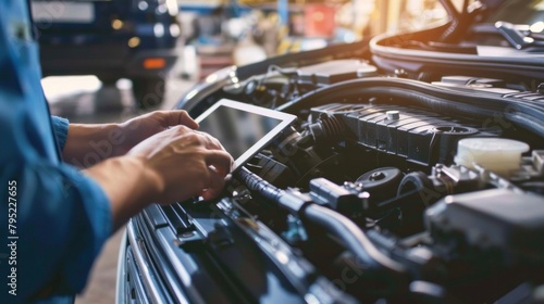 Mechanics use tablet computers where experts inspect electric cars for broken parts in the engine bay.