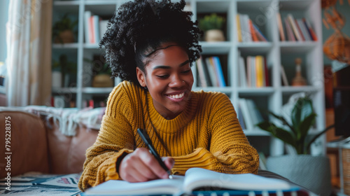 A woman is sitting on a couch and writing in a notebook. She is smiling and she is enjoying herself. scene suggests a relaxed and comfortable atmosphere. Happy African American student taking notes