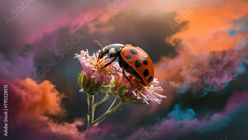beautiful flower and a ladybug on that flower with colorful foggy background, AI Generative